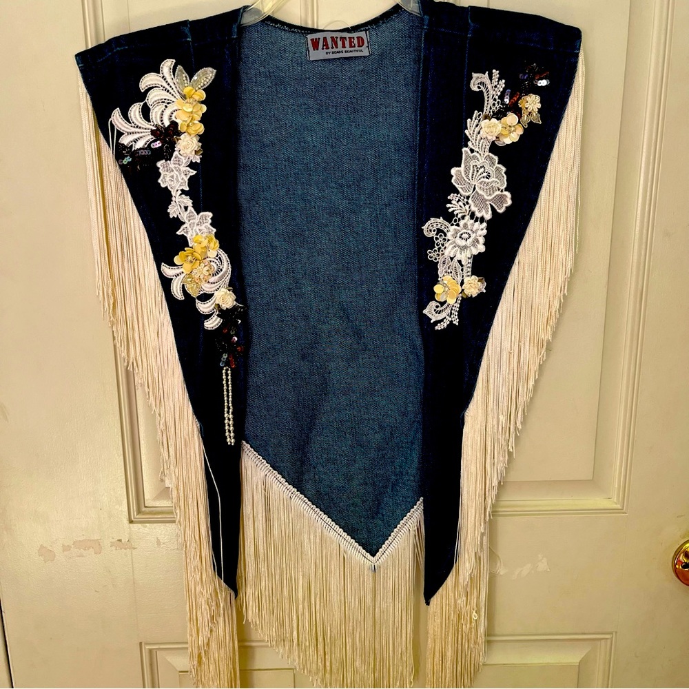 Wanted by Beads beautiful denim shawl/vest with beads and fringe. One size